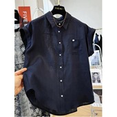 文艺气质棉麻短袖 小衫 衬衫 薄款 上衣 卷边翻领衬衣夏季 外贸出口女装