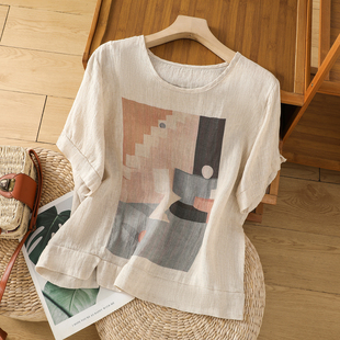 法国外贸女装 品牌清仓复古印花棉麻上衣宽松休闲短袖 T恤显瘦小衫