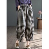 外贸出口品牌折扣清仓棉麻格子裤 九分裤 阔腿裤 休闲亚麻宽松直筒裤