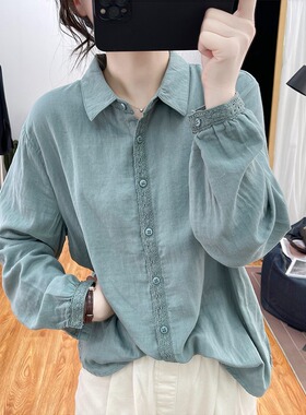 品牌女装清仓折扣春秋纯棉翻领衬衫女气质蕾丝上衣宽松减龄打底衫