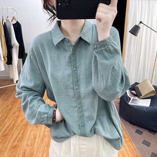 女气质蕾丝上衣宽松减龄打底衫 品牌女装 清仓折扣春秋纯棉翻领衬衫