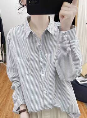 polo领条纹长袖衬衫女装棉麻上衣
