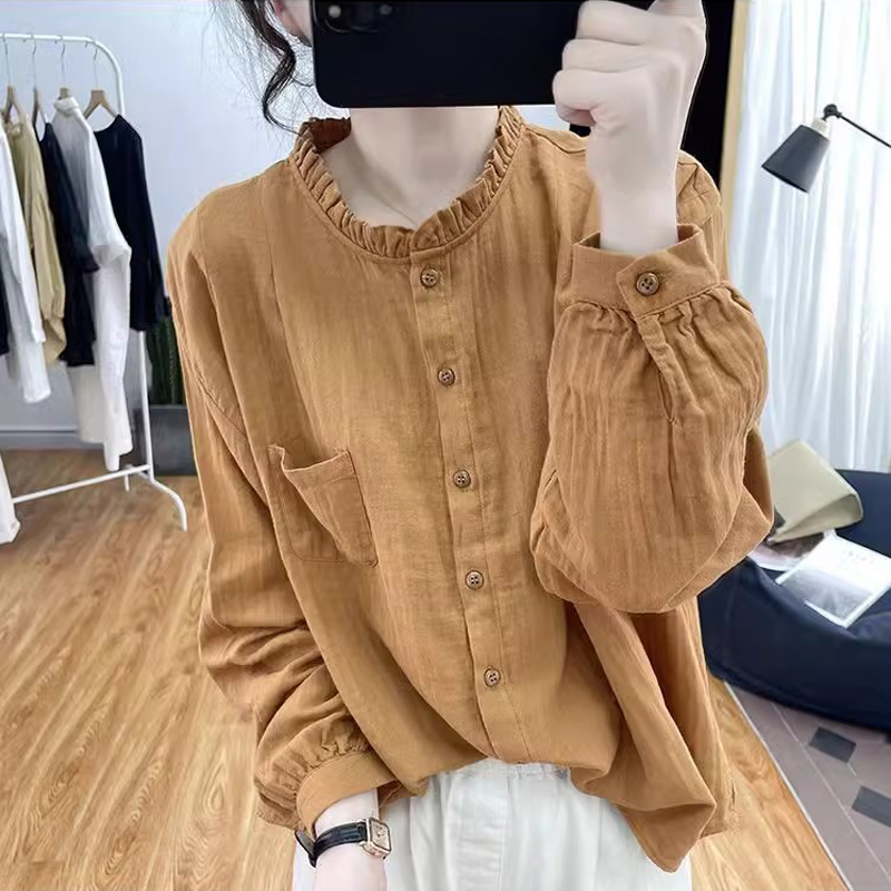 木耳领长袖衬衫女纯棉上衣打底衫