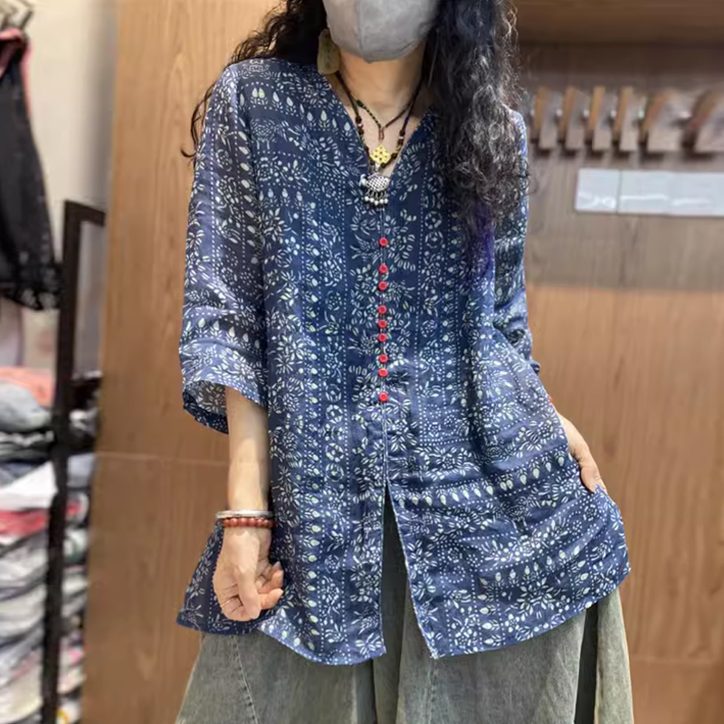 民族风棉麻衬衫女复古青花瓷衬衣