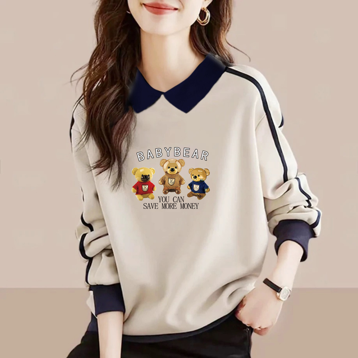 休闲POLO领撞色长袖卫衣女打底衫