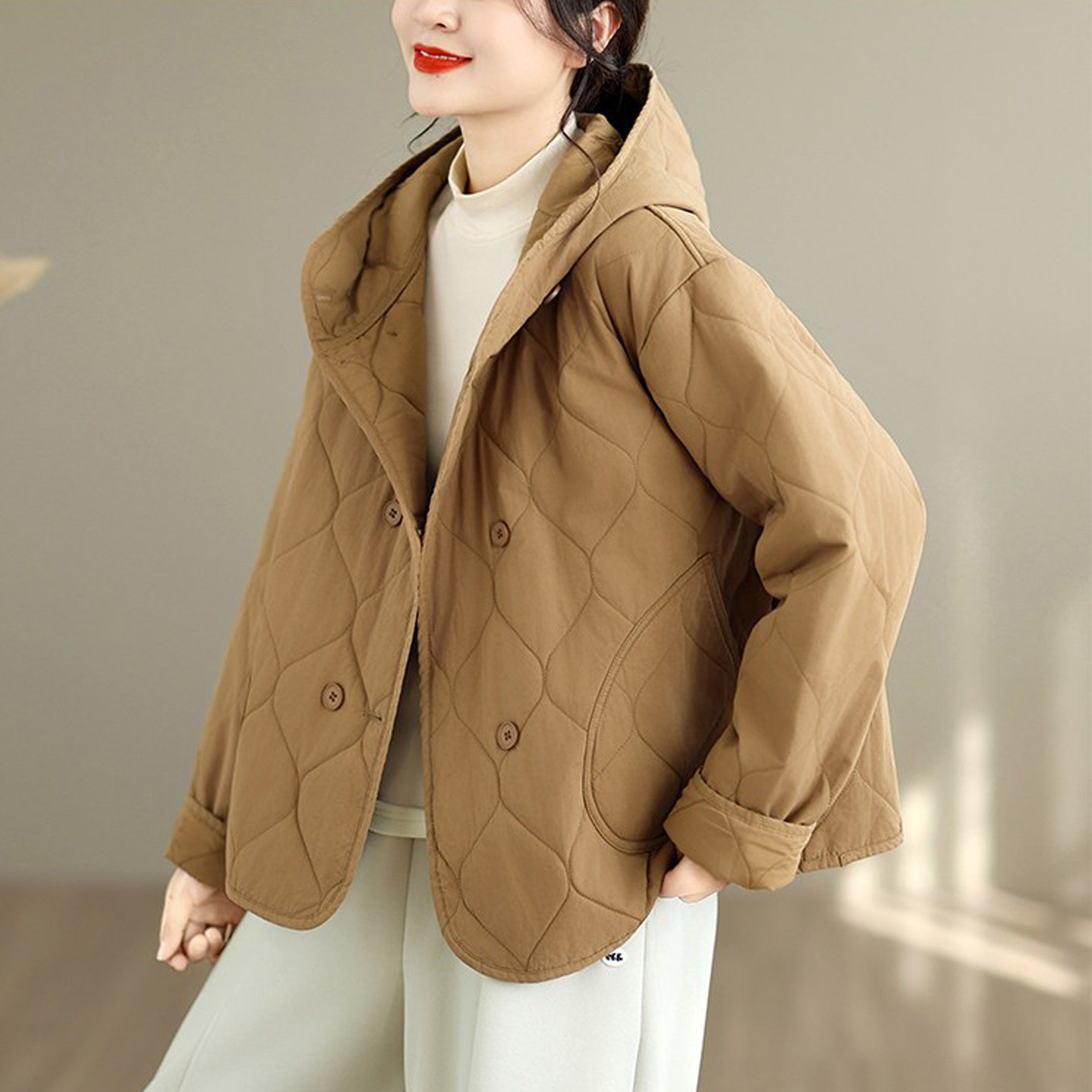秋冬新款时尚菱格连帽棉服外套女洋气宽松休闲风加厚长袖保暖棉袄