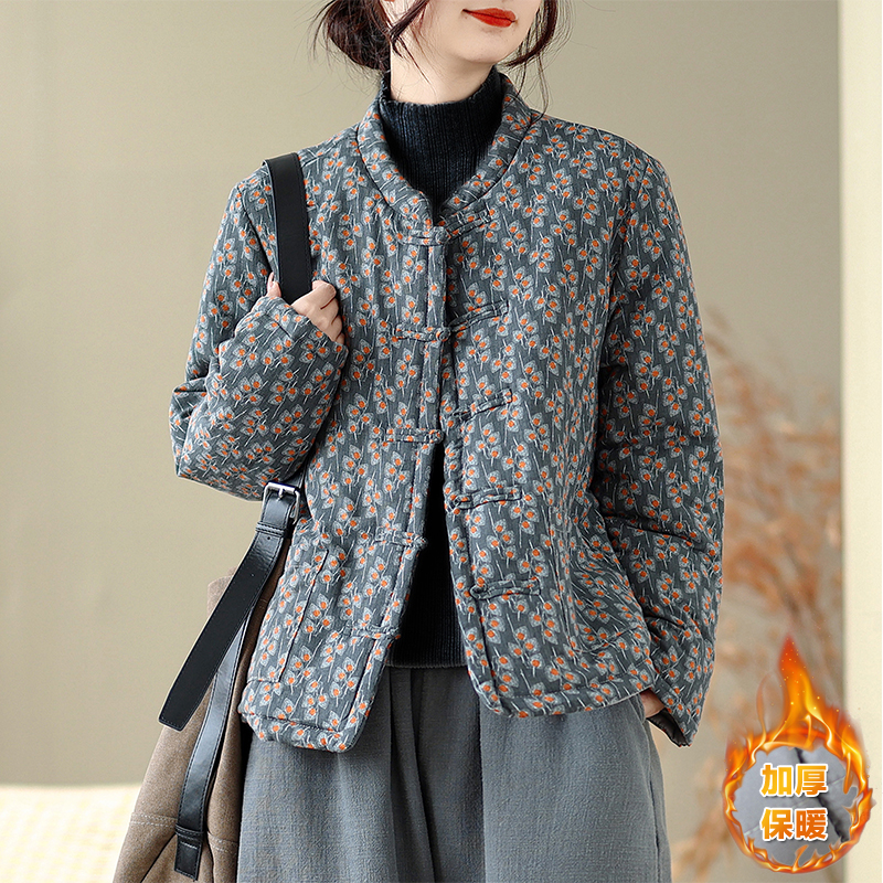 加棉棉衣外套女棉麻碎花棉袄上衣