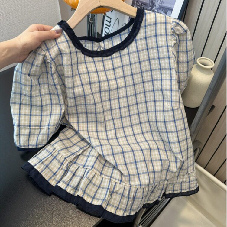 夏季格子木耳边短袖衬衫女甜美减龄娃娃衫设计感拼色小衫百搭上衣
