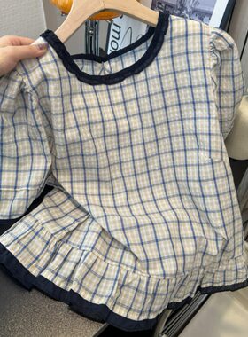 夏季格子木耳边甜美减龄娃娃衫