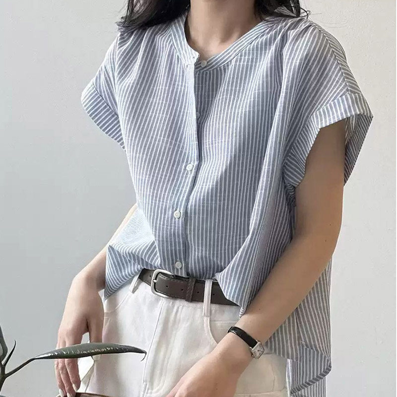 夏季法式条纹短袖棉麻宽松衬衫女