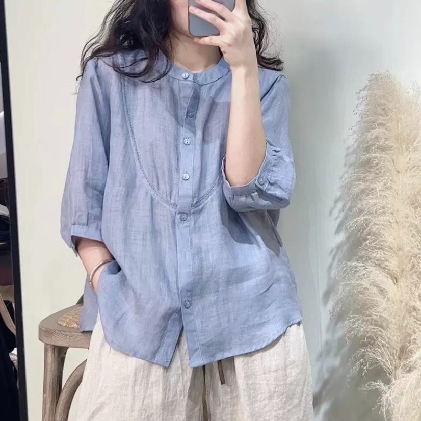 清仓捡漏时尚减龄刺绣棉麻衬衫女夏季洋气宽松显瘦百搭亚麻上衣潮