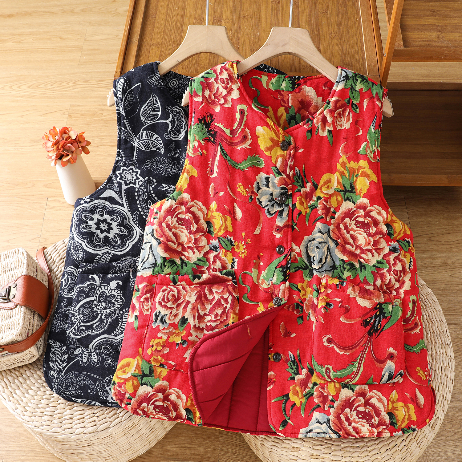 东北花棉袄碎花保暖背心棉麻外套