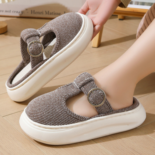 新款亚麻布拖鞋包头厚底室内外舒适透气防滑手工软底月子孕妇布鞋