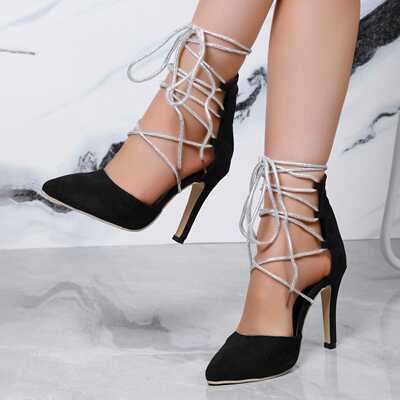 2024新款欧美水钻绑带尖头丝后拉链Strappy sandals