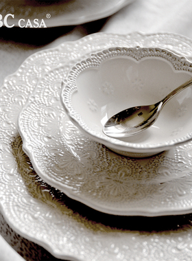 意大利VBC CASA浮雕黑陶土餐盘沙拉碗燕麦碗复古蕾丝盘子蝶咖啡杯