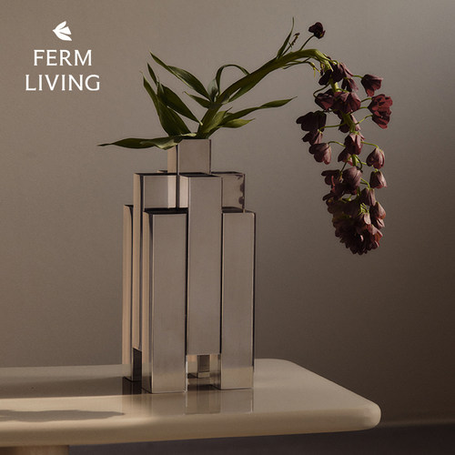 丹麦Ferm Living Tessera镜面不锈钢花瓶摆件客厅卧室雕塑感艺术