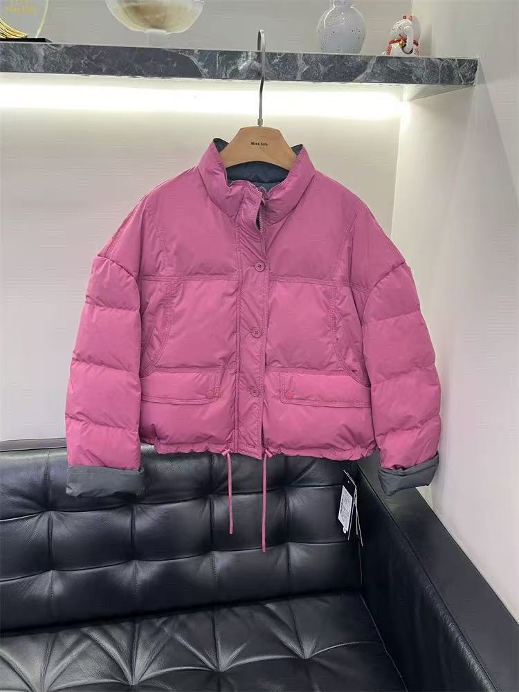 missfofo5827短款立领宽松羽绒服女2025冬新款袖口撞色白鸭绒外套