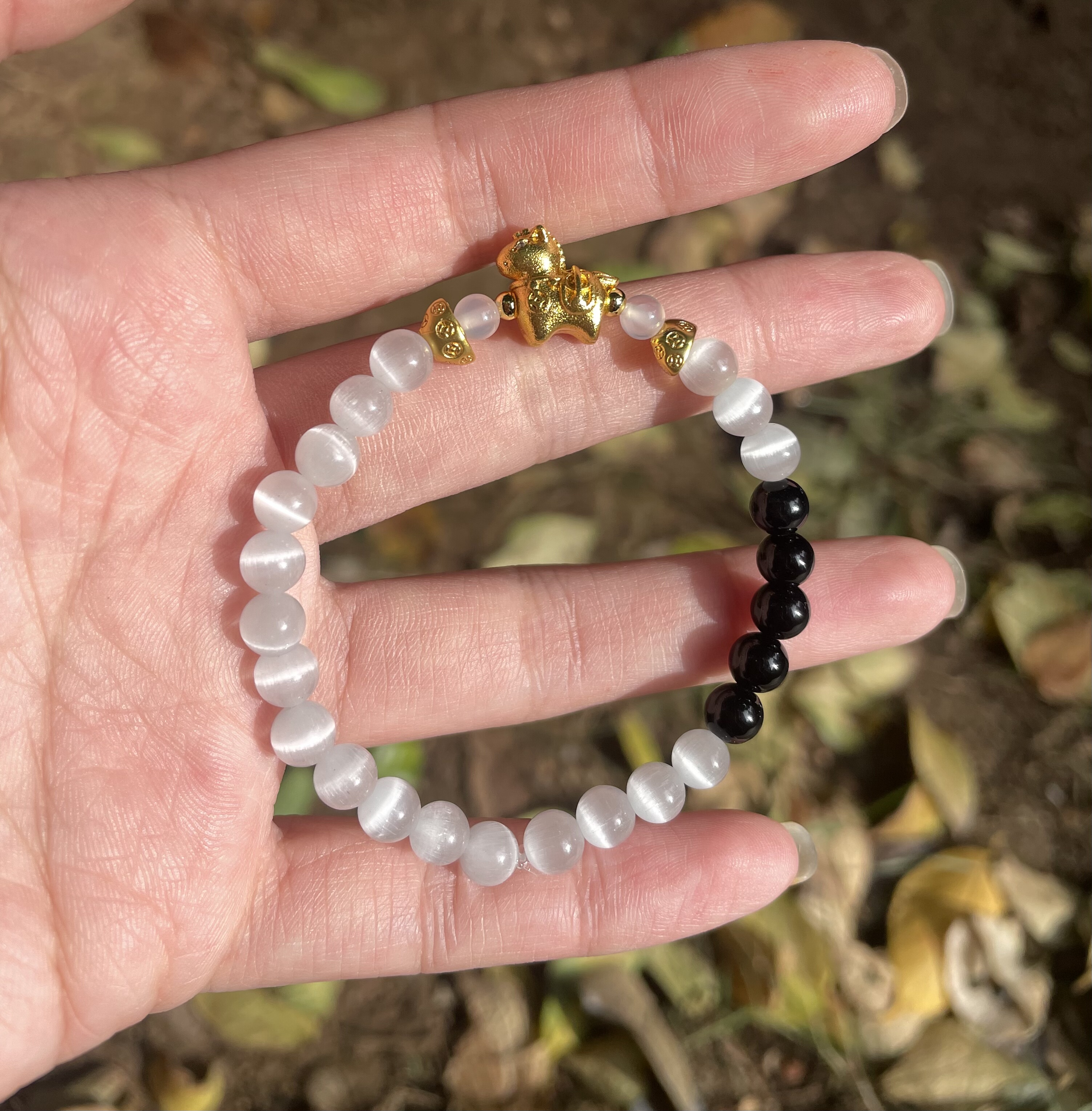 画龙点睛 白黑玛瑙猫眼不规则款手饰小众设计ins风百搭日常6mm珠