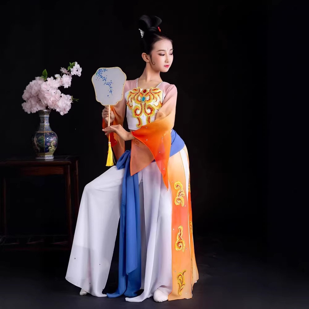 儿童敦煌舞蹈服豆蔻梢头服装少儿汉唐扇子舞女童放灯行演出服伞舞图片