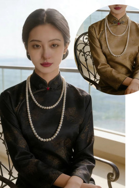 新中式多层流苏珍珠毛衣链旗袍