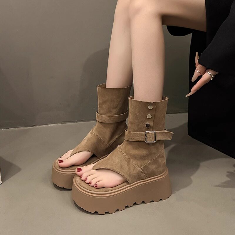 复古松糕厚底罗马凉靴女2025夏季新款小个子增高夹趾短靴高帮凉鞋