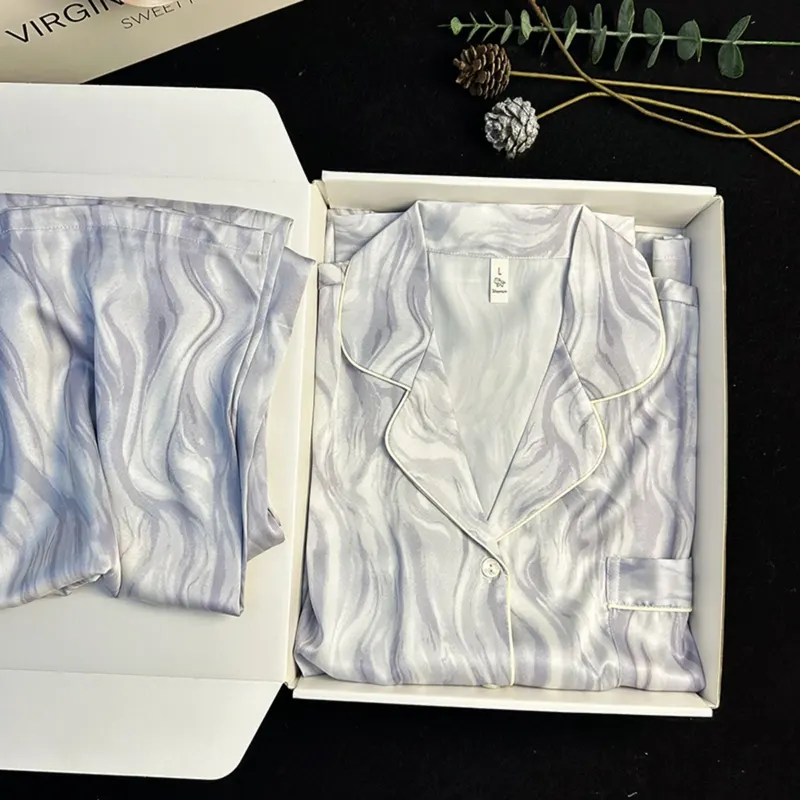 跨境新款睡衣女春夏款长袖翻领开衫休闲感简约家居服套装批发代发