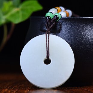 大号天然和田玉白玉玉璧平安扣吊坠白色圆环形项链男女款玉石饰品