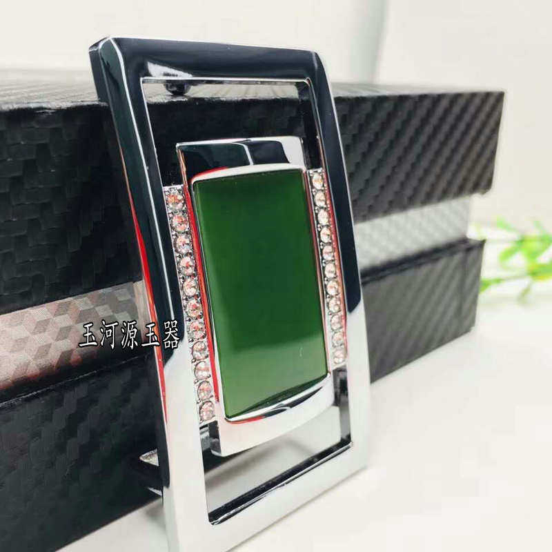 腰带头层皮自动扣合金商务腰带男皮带和田玉菠菜绿碧玉腰带送鉴定