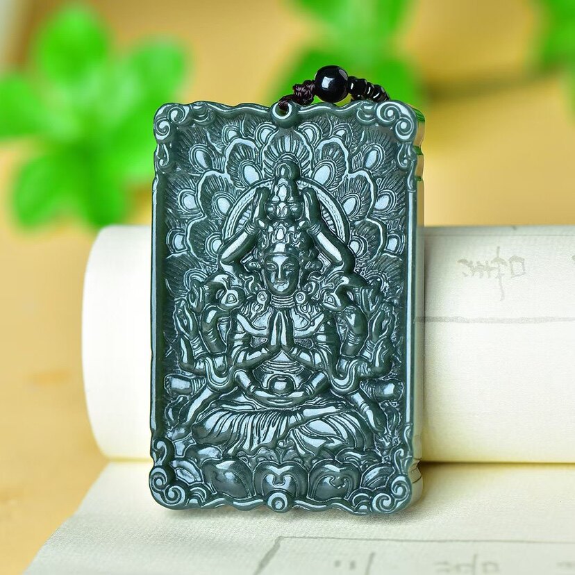 天然和田玉青玉千手观音吊坠男女款双面雕刻本命佛菩萨挂件玉牌