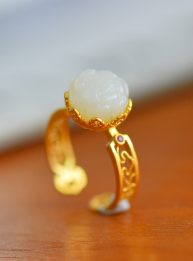 荷花戒指指环首饰古法银开口戒指