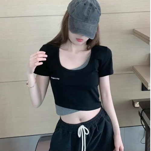 性感短款假两件露脐上衣