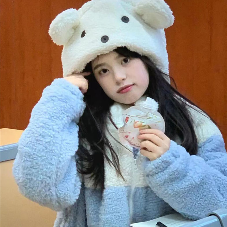 加绒加厚卫衣女宽松韩版初中高中学生少女可爱羊羔毛耳朵帽衫外套