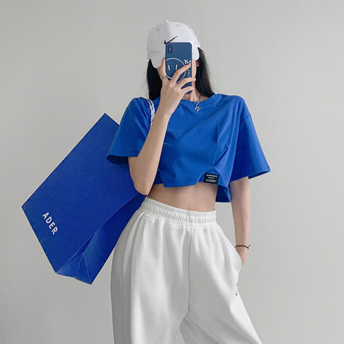 欧美小众褶皱贴标短袖夏季新款