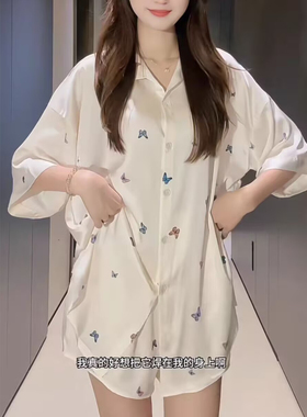 带胸垫冰丝睡衣女士夏季可外穿韩版甜美中长款睡裙短裤套装家居服