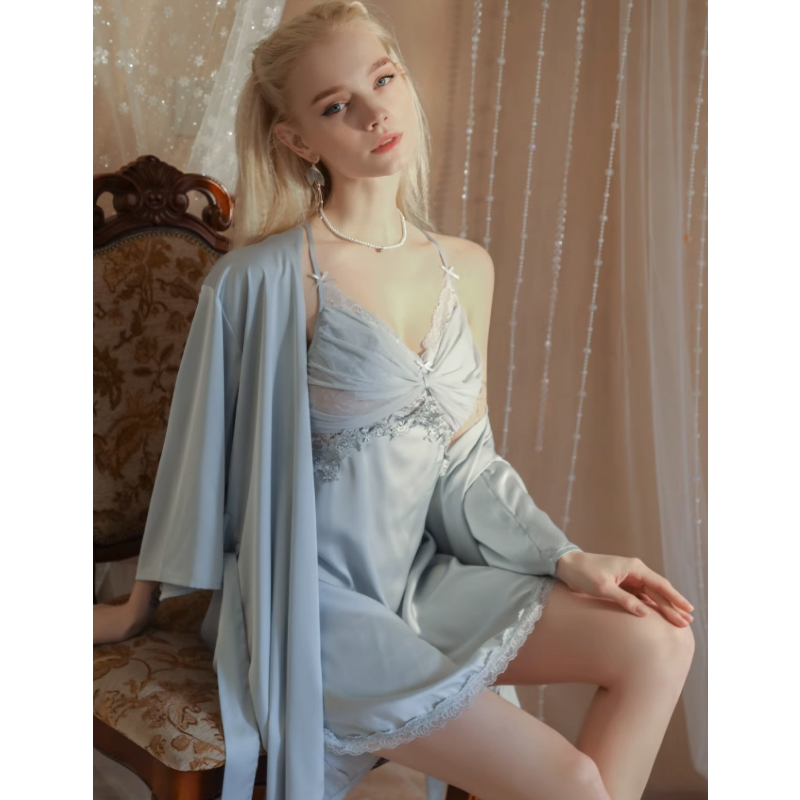 春秋冰丝睡衣女性感蕾丝睡裙睡袍