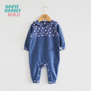 horsehooves原创设计婴儿针织牛仔蓝色海军领爬服春款哈衣连体