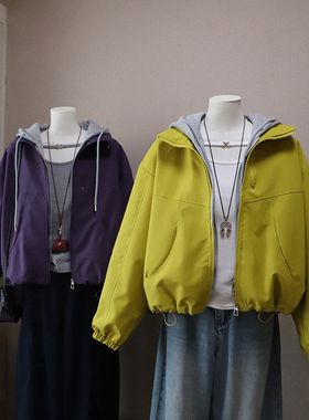 2026早春新韩版时尚假两件撞色连帽宽松休闲夹克外套5895强明女装