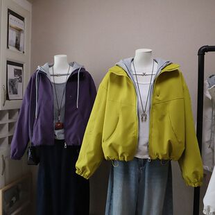 假两件撞色连帽宽松休闲夹克外套5895强明女装 2026早春新韩版 时尚