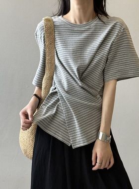 高级感交叉收腰条纹短袖T恤夏韩版小众气质显瘦上衣82336强明女装