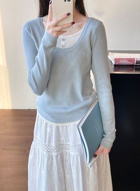 大U领假两件针织上衣女2025春显瘦修身打底衫YL2001 强明女装