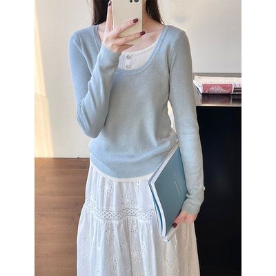 大U领假两件针织上衣女2025春显瘦修身打底衫YL2001 强明女装