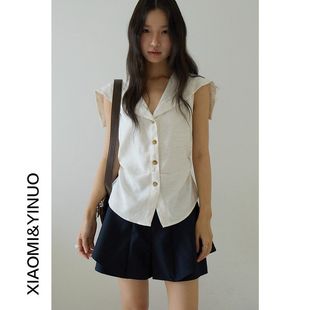 衬衫 强明女装 双层设计高腰裙裤 3088 两件套装 海军领排扣无袖