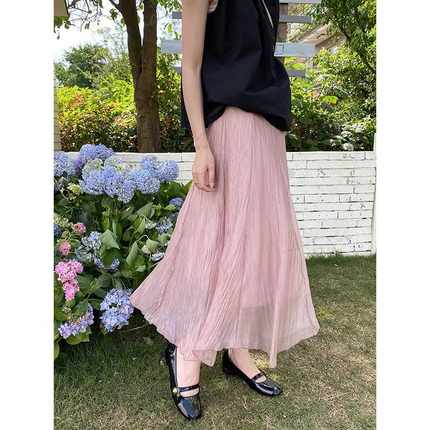 褶皱肌理感 韩系温柔松紧高腰网纱半身裙ZY1833 强明女装