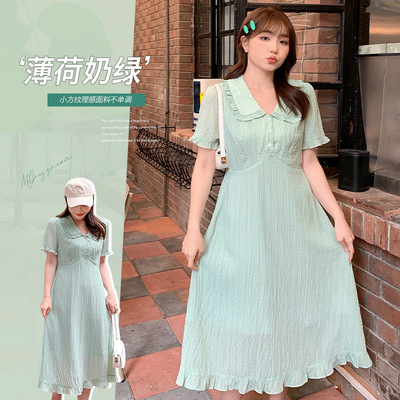 香草连衣裙胖mm大码夏新显瘦收腰泡泡袖法式初恋裙62432 强明女装