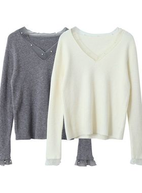 蕾丝钉珠v领长袖针织衫春新款气质内搭显瘦打底上衣11097强明女装