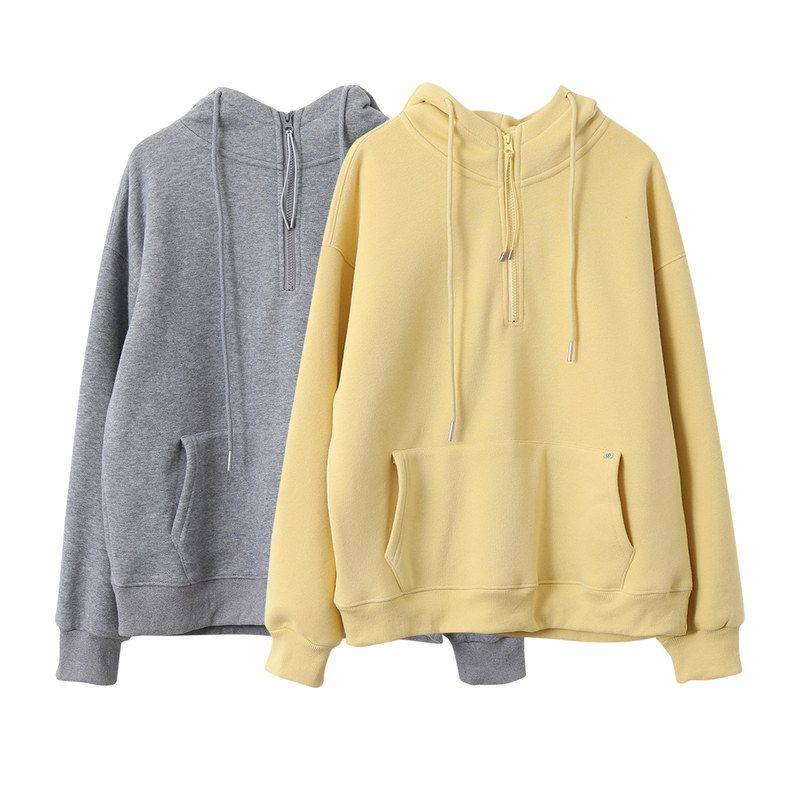 宽松简约纯色套头半拉链连帽加绒卫衣加厚套头外套11064强明女装