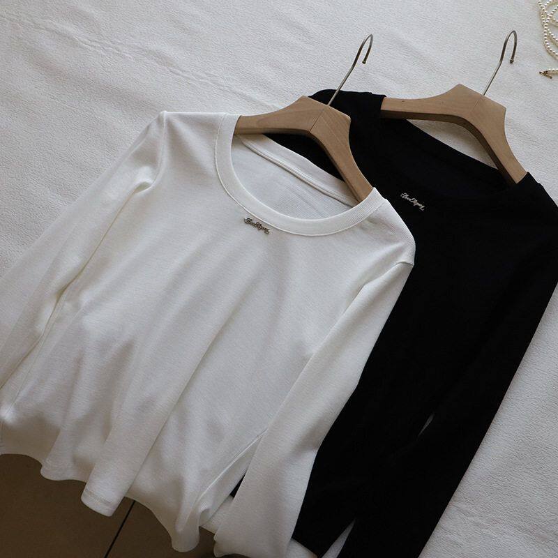 2025春装新品韩版修身手工小标长袖T恤纯色基础上衣3306 强明女装
