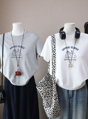 2026春夏新款韩版简约字母卡通印花休闲百搭短袖T恤5873强明女装