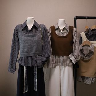新款 背心马甲5015强明女装 韩版 洋气两件套格子衬衫 时尚 2025秋季