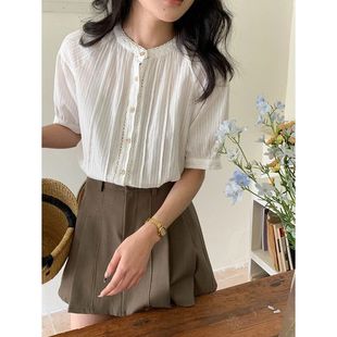 强明女装 南法假日 ZY3000 衬衫 温柔蕾丝花边镂空圆领短袖